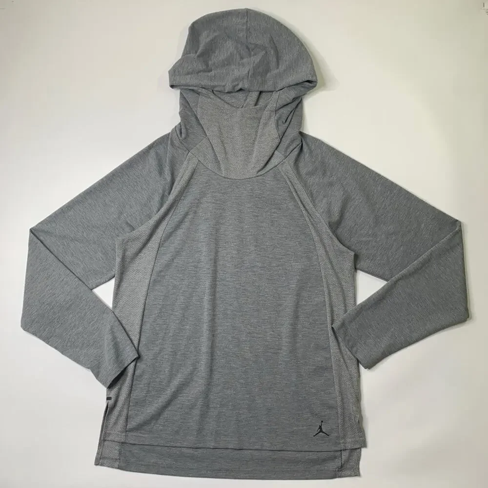 Air Jordan Mens Large Grey Tech PO Funnel Neck Hooded Long Sleeve Hi Low Warm Up